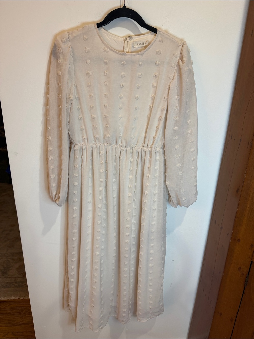 Roolee Cream Swiss Dot Fully Lined Long Sleeve Women’s Dress, S- Bridal, Coastal